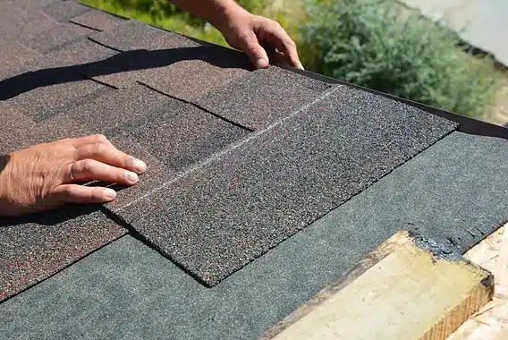 Roofer laying individual shingles